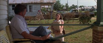 Movie still from “Norma Rae” (1979), directed by Martin Ritt – A young girl standing in a field next to an older man; Wide shot, Low angle