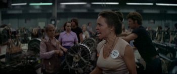 Movie still from “Norma Rae” (1979), directed by Martin Ritt – A group of people sitting in a room; Medium shot, Over the shoulder angle