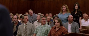 Movie still from “North Country” (2005), directed by Niki Caro – A group of people sitting in front of a wooden wall; Medium shot, Over the shoulder angle
