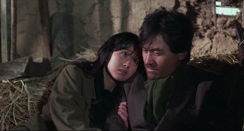 Movie still from “North Korean Partisan in South Korea” (1990), directed by Jeong Ji-yeong – A man and a woman sitting next to each other; Close Up shot, High angle