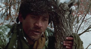 Movie still from “North Korean Partisan in South Korea” (1990), directed by Jeong Ji-yeong – A man with a beard and a hat is holding a tree branch; Close Up shot, Low angle