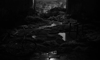 Movie still from “Nostalghia” (1983), directed by Andrei Tarkovsky – A room filled with lots of dirt and grass; Extreme Wide shot, High angle