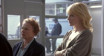 Movie still from “Notes on a Scandal” (2006), directed by Richard Eyre – Two women standing next to each other on a bus; Medium shot, Low angle