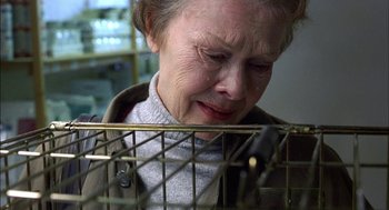 Movie still from “Notes on a Scandal” (2006), directed by Richard Eyre – An older woman holding a bird in a cage; Close Up shot, Low angle