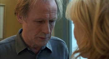 Movie still from “Notes on a Scandal” (2006), directed by Richard Eyre – An older man and a younger woman are talking to each other; Close Up shot, Over the shoulder angle