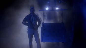 Movie still from “Now and Then” (1995), directed by Lesli Linka Glatter – A man standing next to a grave in the fog; Wide shot, Low angle