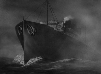 Movie still from “Now, Voyager” (1942), directed by Irving Rapper – An old photo of a boat in the water; Extreme Wide shot, Low angle