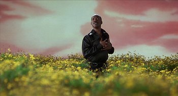 Movie still from “Nutty Professor II: The Klumps” (2000), directed by Peter Segal – A man standing in the middle of a field of flowers; Medium shot, Low angle