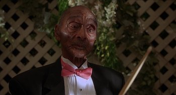 Movie still from “Nutty Professor II: The Klumps” (2000), directed by Peter Segal – An old man wearing a suit and a bow tie; Close Up shot, Low angle