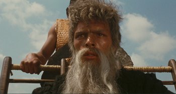 Movie still from “Oedipus Rex” (1967), directed by Pier Paolo Pasolini – An old man with a long white beard and long grey hair; Close Up shot, Low angle
