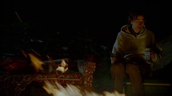 Movie still from “Old Joy” (2006), directed by Kelly Reichardt – A man sitting in front of a fire with a cat; Wide shot, High angle