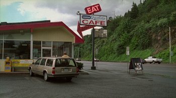 Movie still from “Old Joy” (2006), directed by Kelly Reichardt – A car parked in front of a restaurant with a car parked in front of it; Extreme Wide shot, High angle