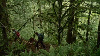 Movie still from “Old Joy” (2006), directed by Kelly Reichardt – A man with a backpack walking through the woods; Extreme Wide shot, Low angle