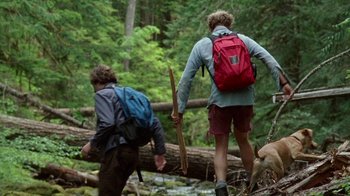 Movie still from “Old Joy” (2006), directed by Kelly Reichardt – Two people walking through the woods on a trail; Wide shot, Low angle