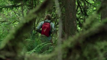 Movie still from “Old Joy” (2006), directed by Kelly Reichardt – A person with a backpack walking through the woods; Wide shot, Over the shoulder angle