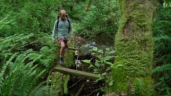 Movie still from “Old Joy” (2006), directed by Kelly Reichardt – A man with a backpack walking across a bridge in the woods; Wide shot, Low angle