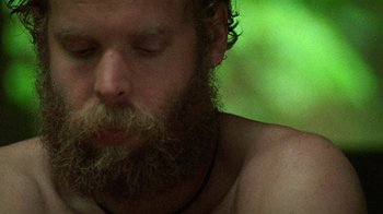 Movie still from “Old Joy” (2006), directed by Kelly Reichardt – A man with a long beard is sitting in the grass; Close Up shot, Low angle