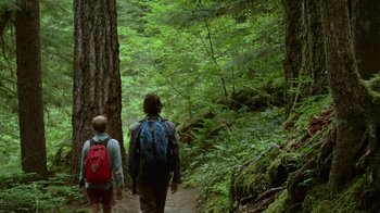 Movie still from “Old Joy” (2006), directed by Kelly Reichardt – A man and a boy are walking through the woods; Wide shot, Low angle