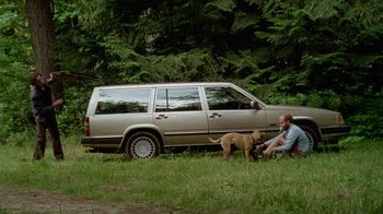 Movie still from “Old Joy” (2006), directed by Kelly Reichardt – A man and a dog sitting in front of a parked car; Wide shot, High angle