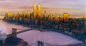 Movie still from “Oliver & Company” (1988), directed by George Scribner – A painting of a city skyline at sunset with a bridge in the foreground; Extreme Wide shot, Low angle