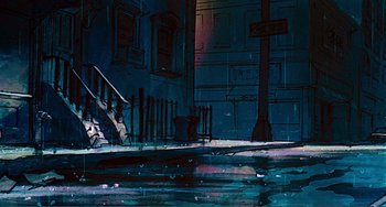 Movie still from “Oliver & Company” (1988), directed by George Scribner – A painting of a street scene with a cross on the corner; Wide shot, Low angle