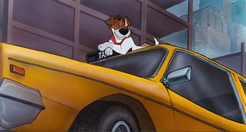 Movie still from “Oliver & Company” (1988), directed by George Scribner – A dog sitting on the hood of a yellow taxi cab; Wide shot, Low angle