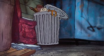 Movie still from “Oliver & Company” (1988), directed by George Scribner – An illustration of a trash can full of garbage; Wide shot, Low angle
