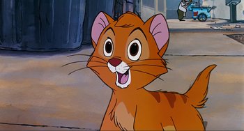 Movie still from “Oliver & Company” (1988), directed by George Scribner – A cartoon cat with its mouth wide open; Close Up shot, Low angle