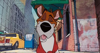 Movie still from “Oliver & Company” (1988), directed by George Scribner – A cartoon of a dog holding an open umbrella; Medium shot, Low angle
