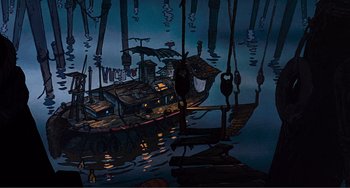 Movie still from “Oliver & Company” (1988), directed by George Scribner – A painting of a boat in a body of water at night; Extreme Wide shot, High angle