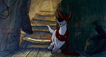 Movie still from “Oliver & Company” (1988), directed by George Scribner – A painting of a cat sitting on the steps; Wide shot, Low angle