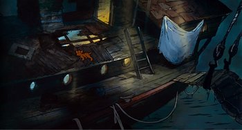 Movie still from “Oliver & Company” (1988), directed by George Scribner – An orange cat is sitting on a wooden boat; Extreme Wide shot, High angle