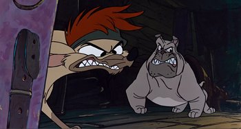 Movie still from “Oliver & Company” (1988), directed by George Scribner – A dog and a cat are staring at each other in a cartoon; Close Up shot, High angle