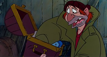 Movie still from “Oliver & Company” (1988), directed by George Scribner – An animated picture of an old man holding a box; Close Up shot, Low angle