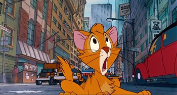 Movie still from “Oliver & Company” (1988), directed by George Scribner – A cartoon of an orange cat sitting in the middle of a city; Close Up shot, Low angle