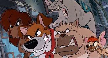 Movie still from “Oliver & Company” (1988), directed by George Scribner – A group of cartoon dogs with one of them looking angry at the camera; Close Up shot, High angle