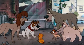 Movie still from “Oliver & Company” (1988), directed by George Scribner – A group of cartoon characters on a city street; Wide shot, Low angle