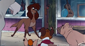 Movie still from “Oliver & Company” (1988), directed by George Scribner – A dog standing on top of a floor next to other dogs; Medium shot, Over the shoulder angle