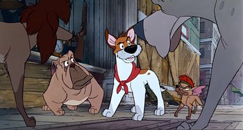 Movie still from “Oliver & Company” (1988), directed by George Scribner – A group of cartoon dogs standing next to each other; Wide shot, Low angle