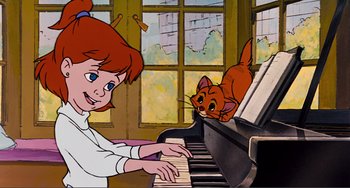 Movie still from “Oliver & Company” (1988), directed by George Scribner – A girl playing the piano with a cat on it; Medium shot, High angle