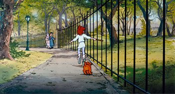 Movie still from “Oliver & Company” (1988), directed by George Scribner – An animated scene of a woman walking a dog; Wide shot, High angle