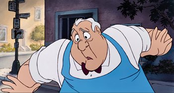 Movie still from “Oliver & Company” (1988), directed by George Scribner – An old man in a blue shirt and a white shirt; Medium shot, Low angle