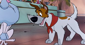 Movie still from “Oliver & Company” (1988), directed by George Scribner – A cartoon of a dog wearing a red bandana; Medium shot, Low angle