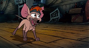 Movie still from “Oliver & Company” (1988), directed by George Scribner – A cartoon of a mouse with a hat on; Medium shot, High angle