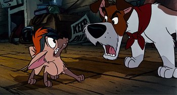 Movie still from “Oliver & Company” (1988), directed by George Scribner – A dog is barking at a cartoon character; Medium shot, Over the shoulder angle