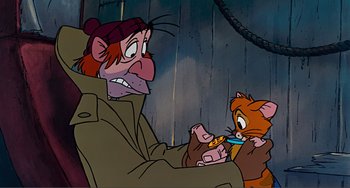 Movie still from “Oliver & Company” (1988), directed by George Scribner – A man and a cat are eating food; Close Up shot, High angle