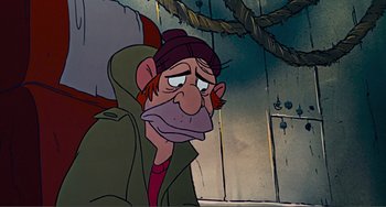 Movie still from “Oliver & Company” (1988), directed by George Scribner – An animated picture of a man with a hat on his head; Close Up shot, High angle