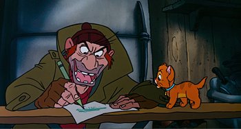 Movie still from “Oliver & Company” (1988), directed by George Scribner – An old man writing on a piece of paper next to an orange cat; Close Up shot, High angle