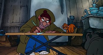 Movie still from “Oliver & Company” (1988), directed by George Scribner – An animated person sitting at a table with a cat; Medium shot, High angle
