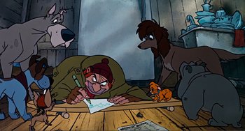 Movie still from “Oliver & Company” (1988), directed by George Scribner – An animated scene of a person writing on a paper; Medium shot, High angle